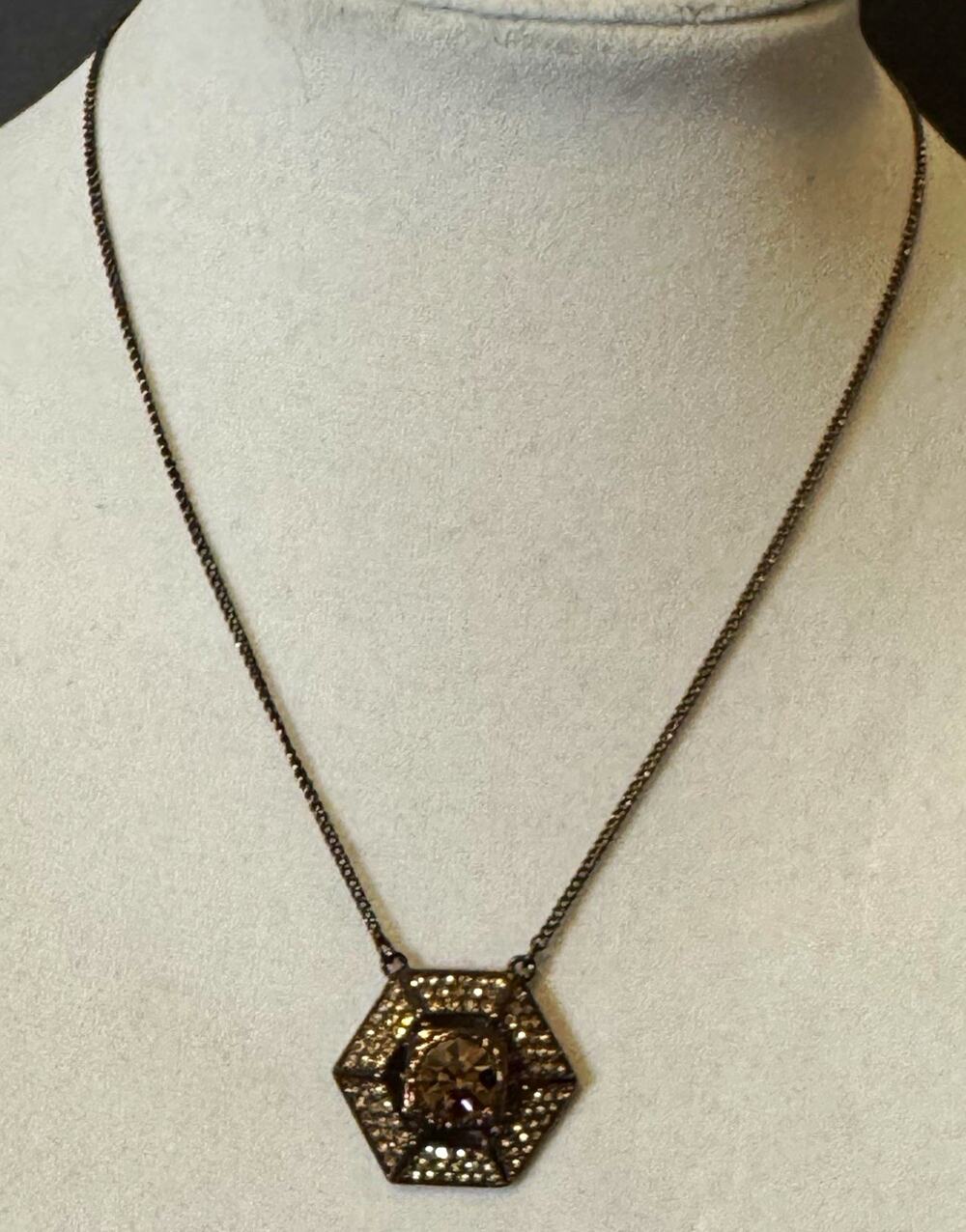 Givenchy Signed Hexagon Pavé Rhinestone Charm Pendant Necklace Bronze Tone
